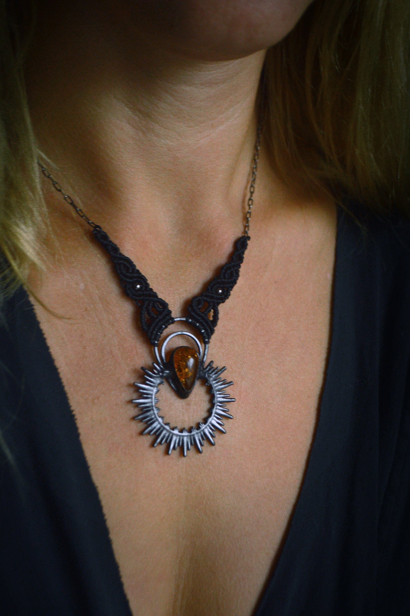 Nocturna collection - Gender neutral, total black amber pendant with macrame detail and leather necklace