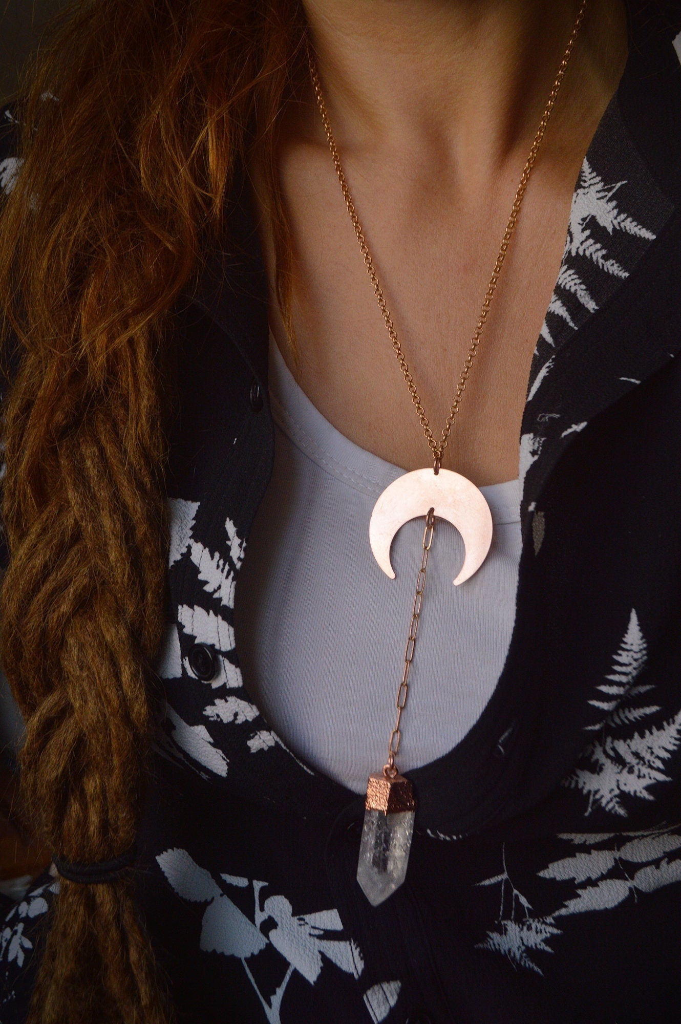 Pure copper necklace with crackle quartz point. Raw crystal long chain boho electroformed necklace