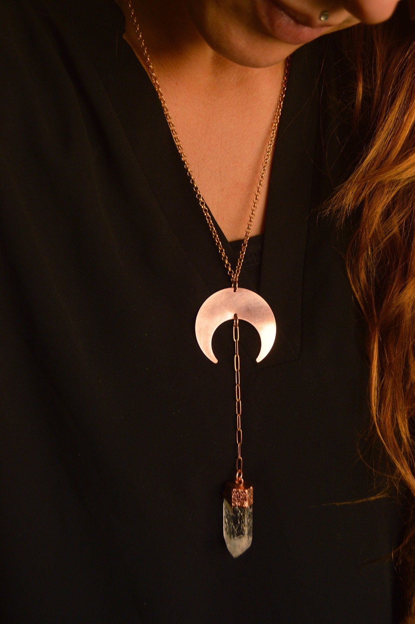 Pure copper necklace with crackle quartz point. Raw crystal long chain boho electroformed necklace