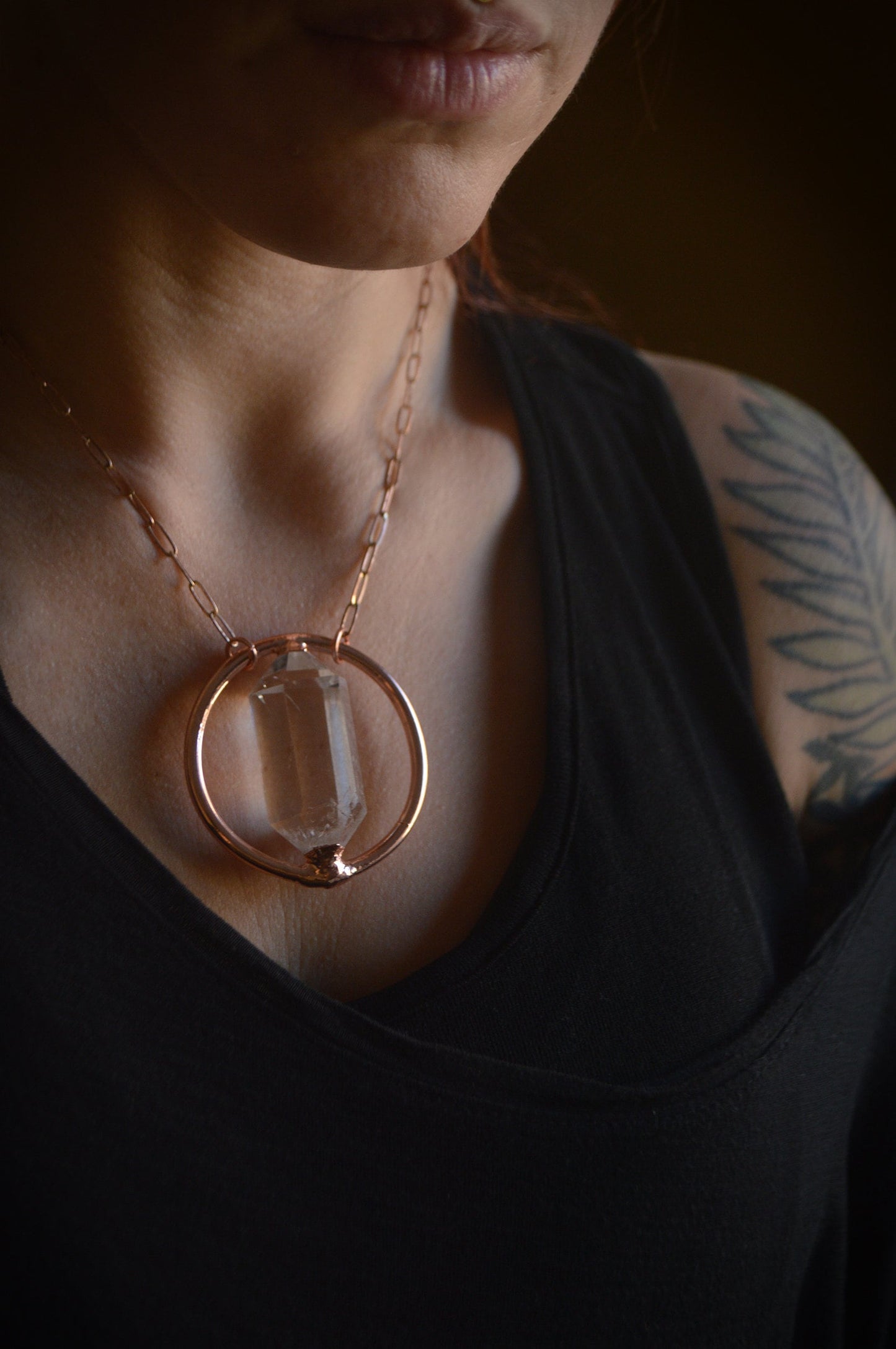 Statement copper pendant with polished double terminated quartz