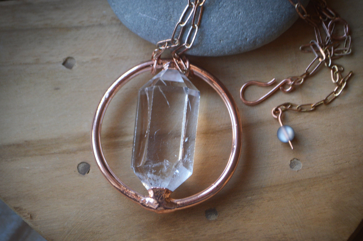 Statement copper pendant with polished double terminated quartz