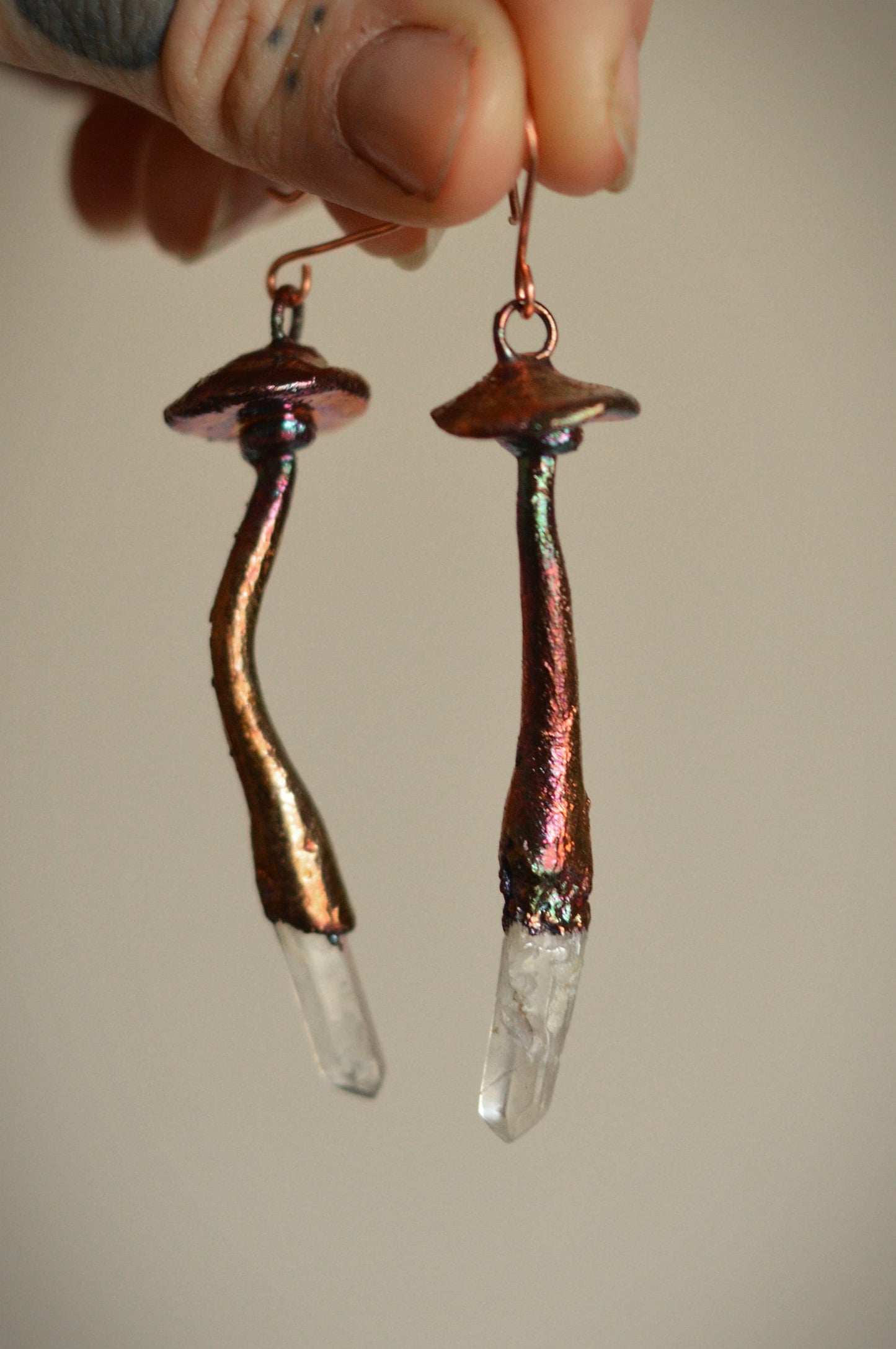 Whimsical mushroom earrings with quartz points