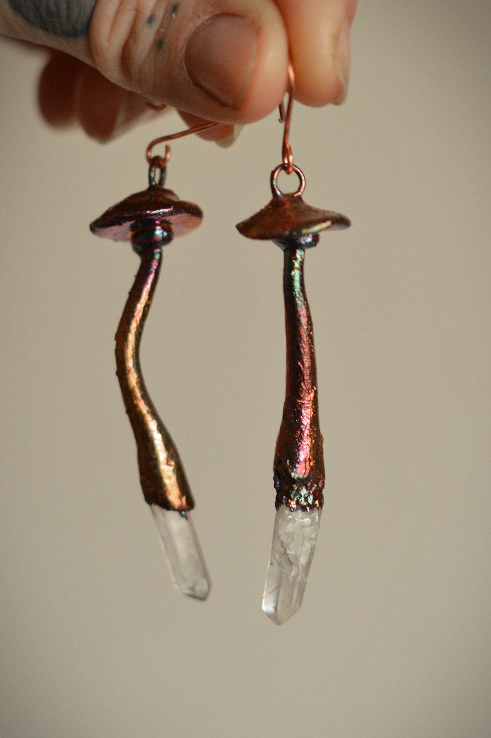 Whimsical mushroom earrings with quartz points