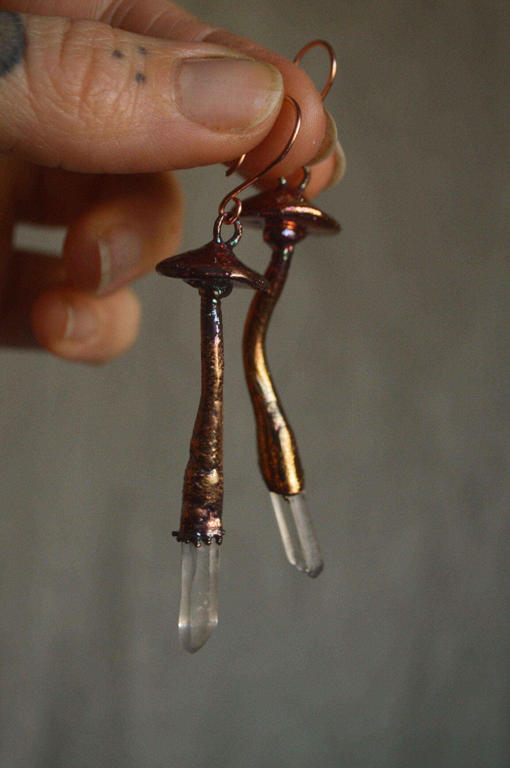 Whimsical mushroom earrings with quartz points