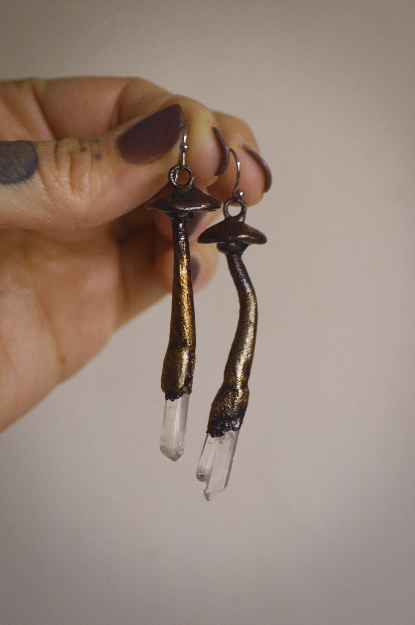 Whimsical mushroom earrings with quartz points