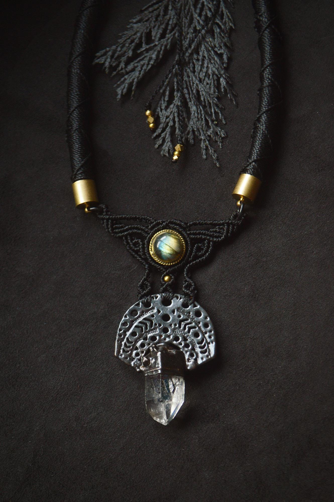 Nocturna collection - Labradorite and quartz torque necklace. All black jewellery