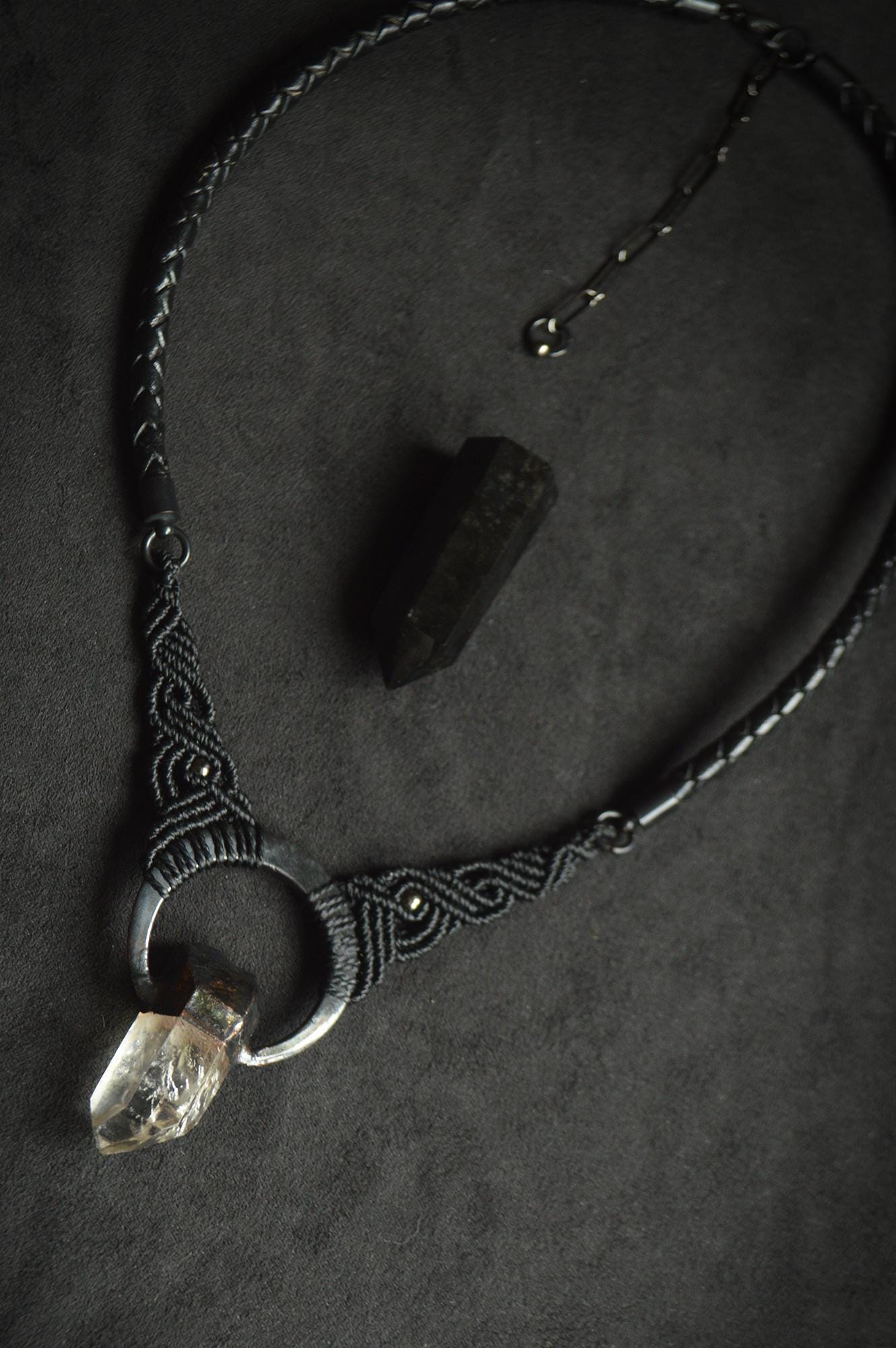 Nocturna collection - Gender neutral, total black quartz pendant with macrame detail and leather necklace