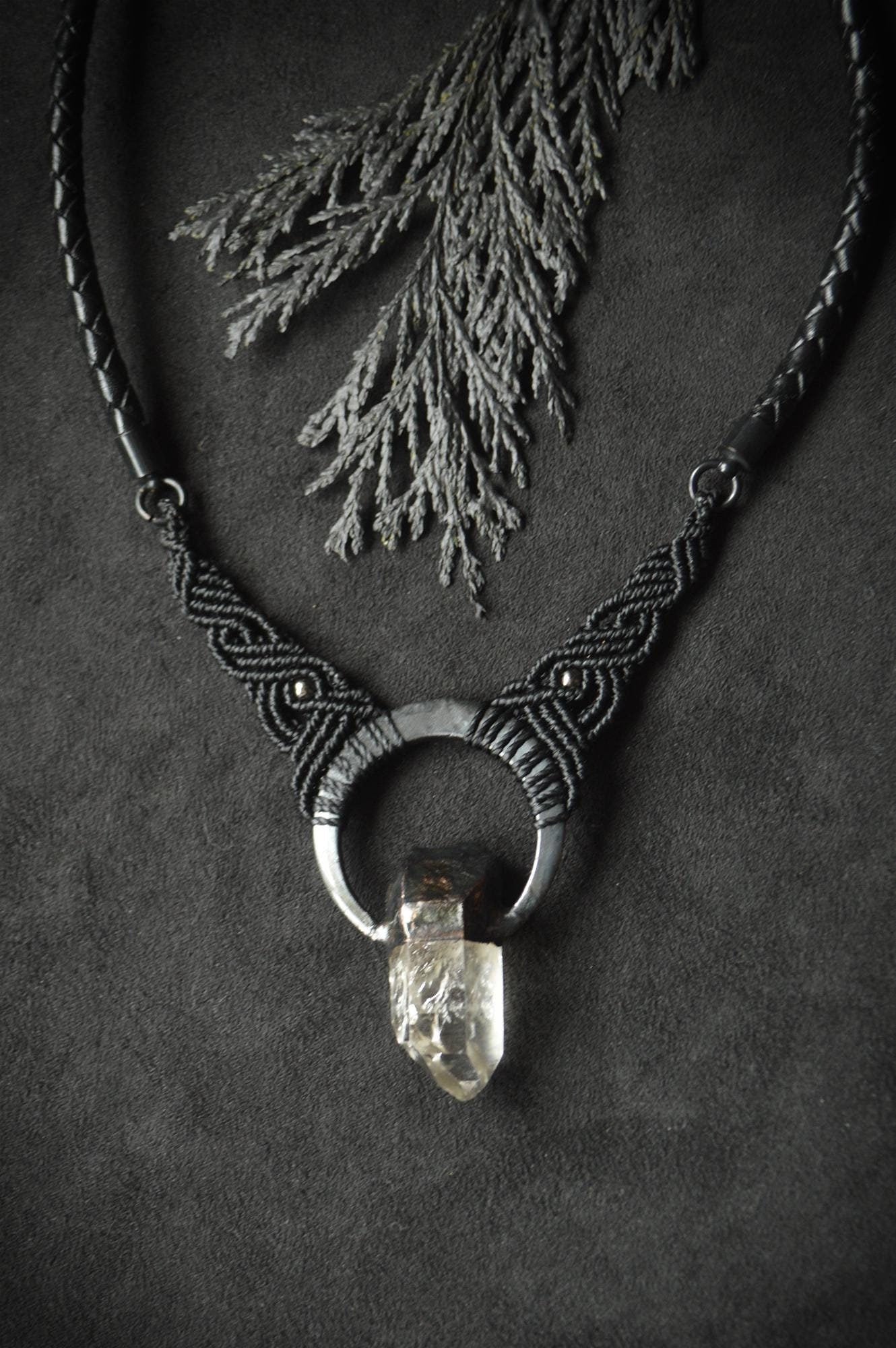 Nocturna collection - Gender neutral, total black quartz pendant with macrame detail and leather necklace