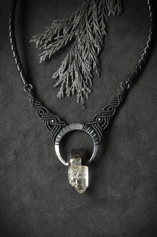 Nocturna collection - Gender neutral, total black quartz pendant with macrame detail and leather necklace
