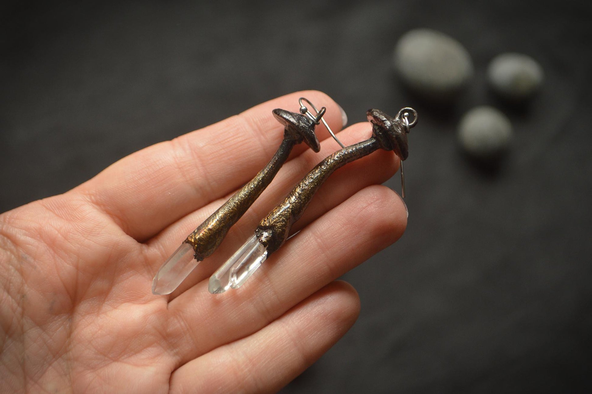 Whimsical mushroom earrings with quartz points