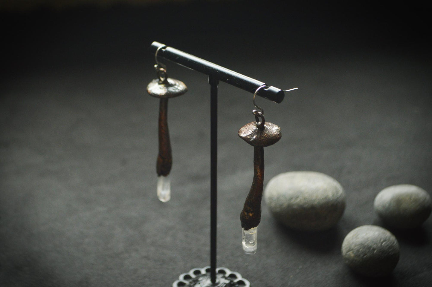 Whimsical mushroom earrings with quartz points