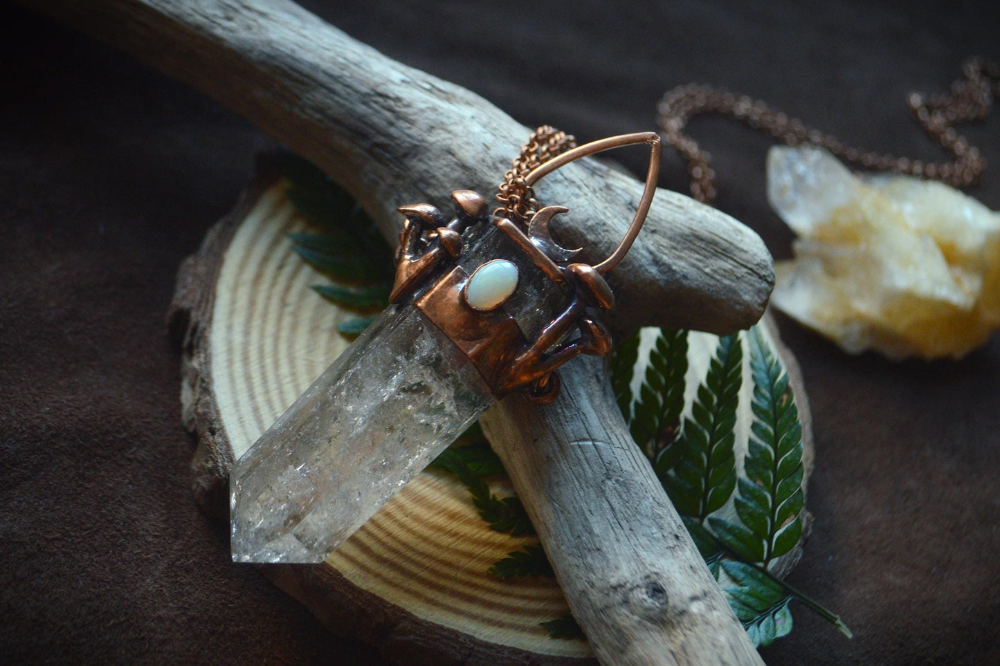 Unique piece. Crackle quartz point with opal, mushroom and moon statement pendant necklace