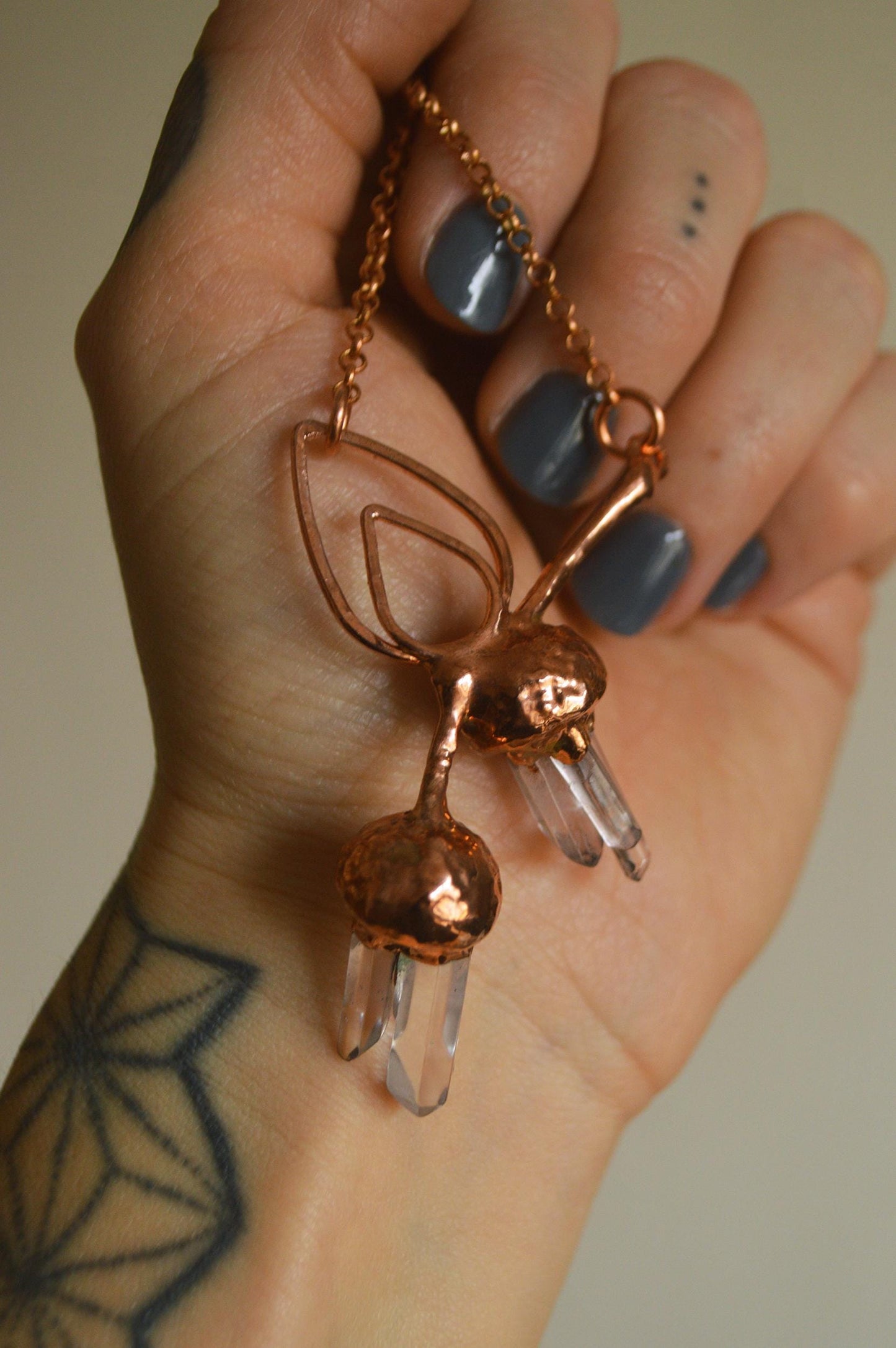 Unique piece. Real acorn formed in copper. Botanical pendant with raw quartz points
