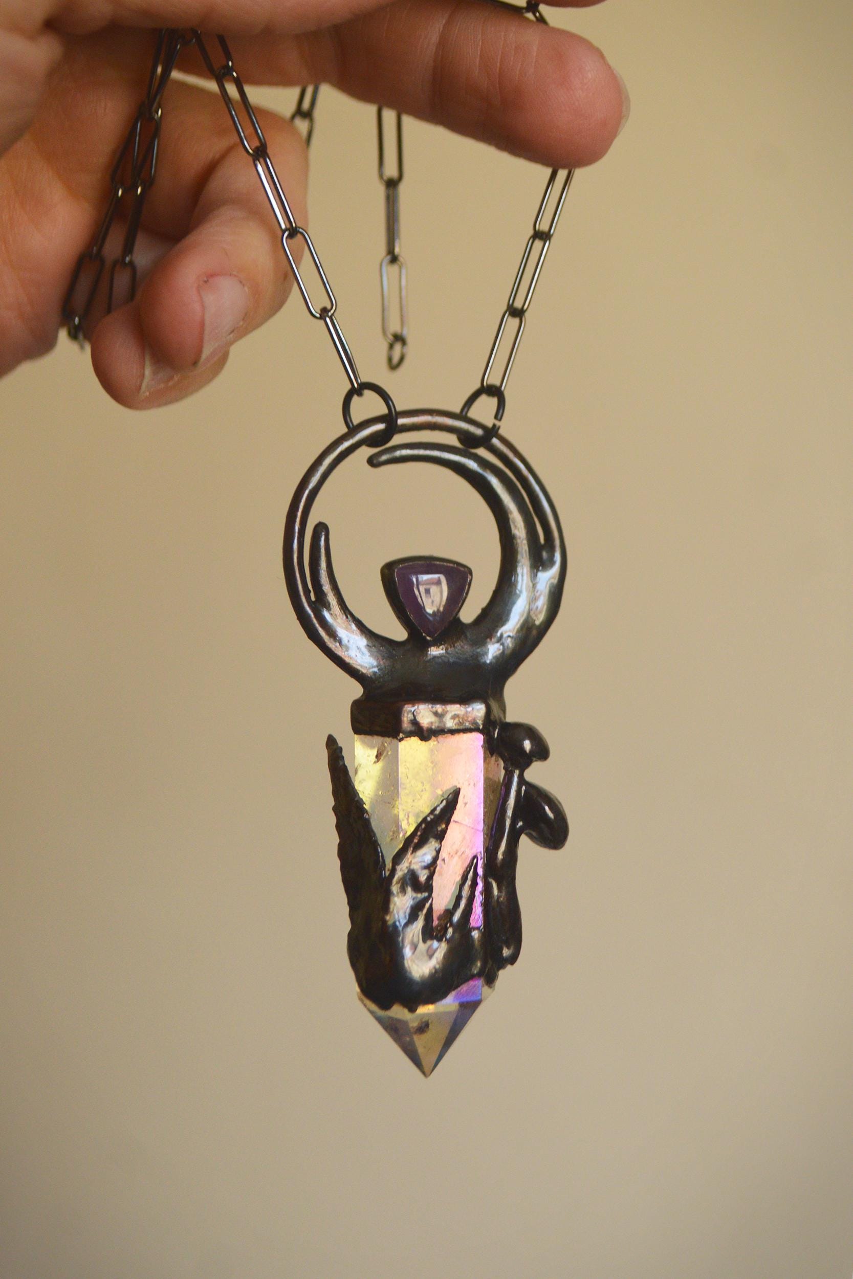 Aura quartz point and amethyst pendant. Crescent moon, mushroom, fern necklace. Cottage core, fairy core