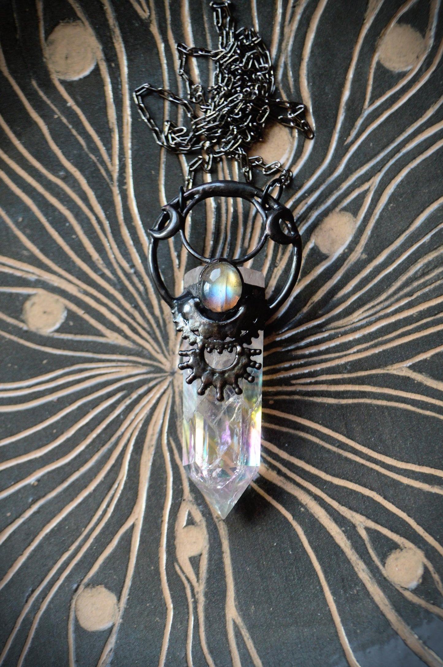 Aura quartz point and amethyst pendant. Mystical lunar necklace