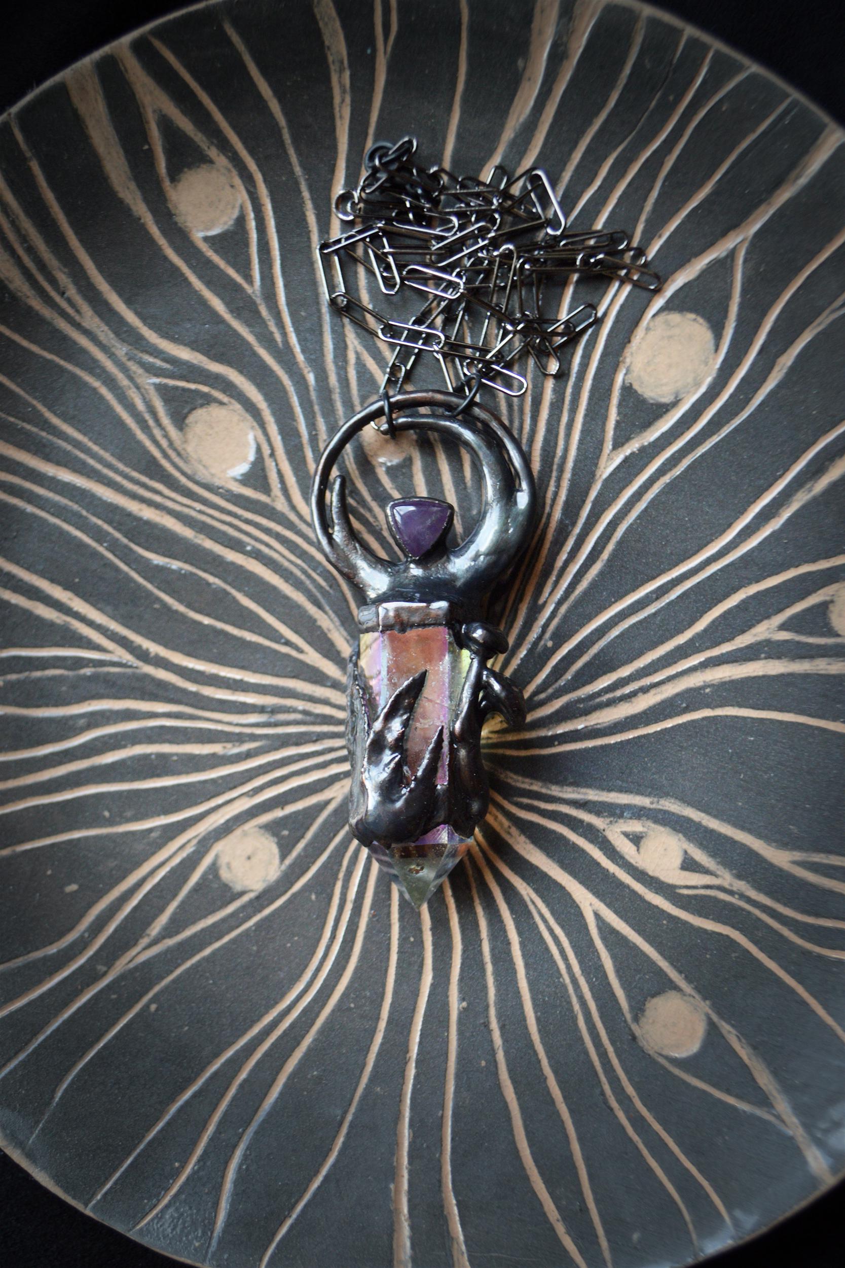 Aura quartz point and amethyst pendant. Crescent moon, mushroom, fern necklace. Cottage core, fairy core