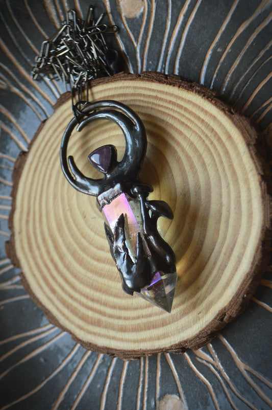 Aura quartz point and amethyst pendant. Crescent moon, mushroom, fern necklace. Cottage core, fairy core