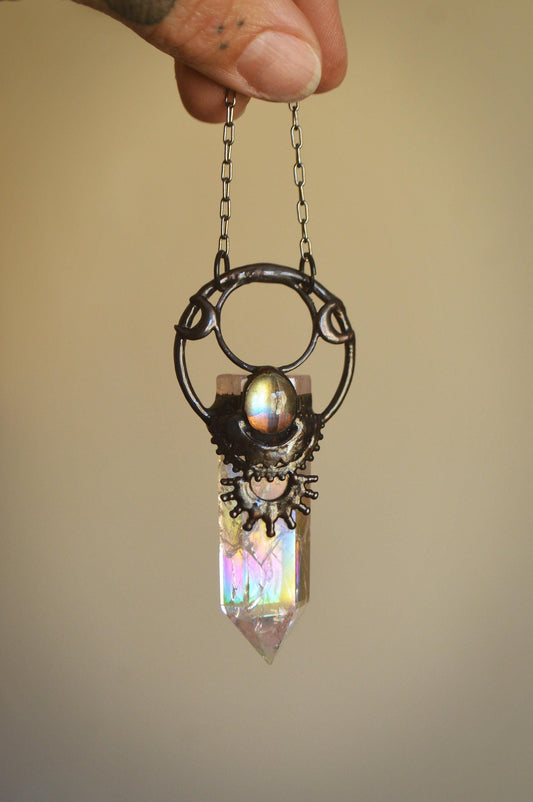 Aura quartz point and amethyst pendant. lunar necklace. Cottage core, fairy core, pastel goth jewellery