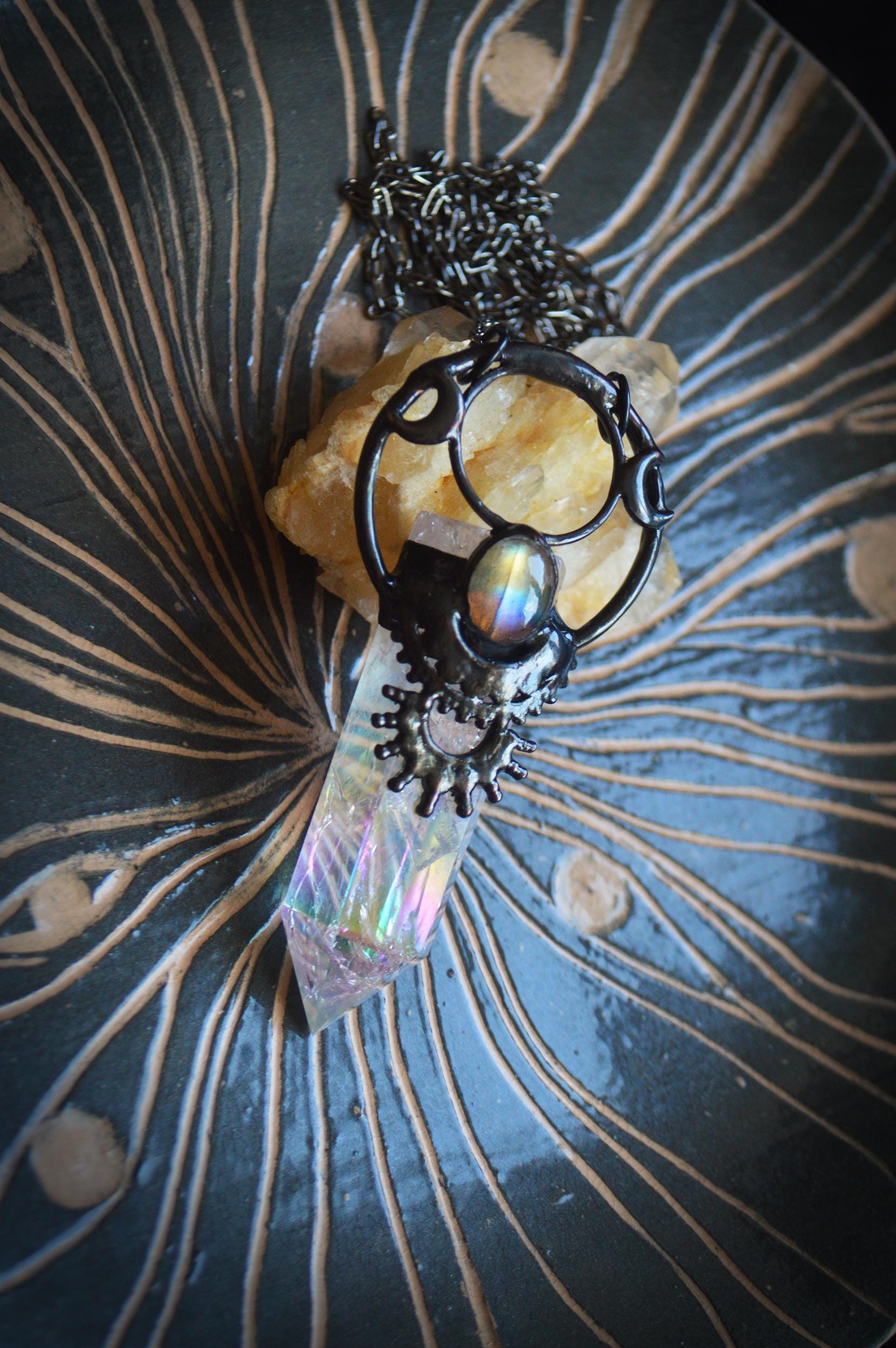 Aura quartz point and amethyst pendant. lunar necklace. Cottage core, fairy core, pastel goth jewellery