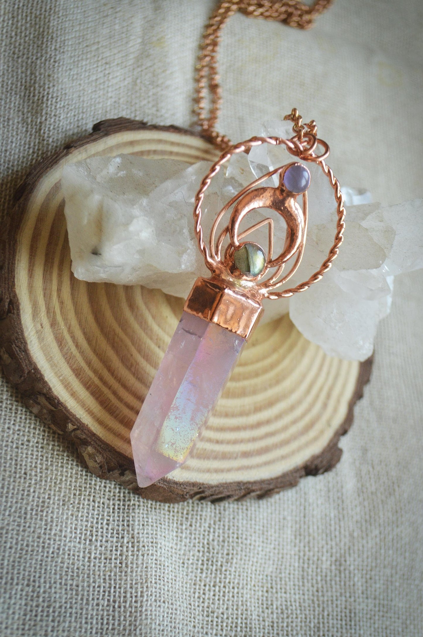 Slight seconds (discounted 30%) Aura rose quartz point with labradorite and amethyst, statement pendant
