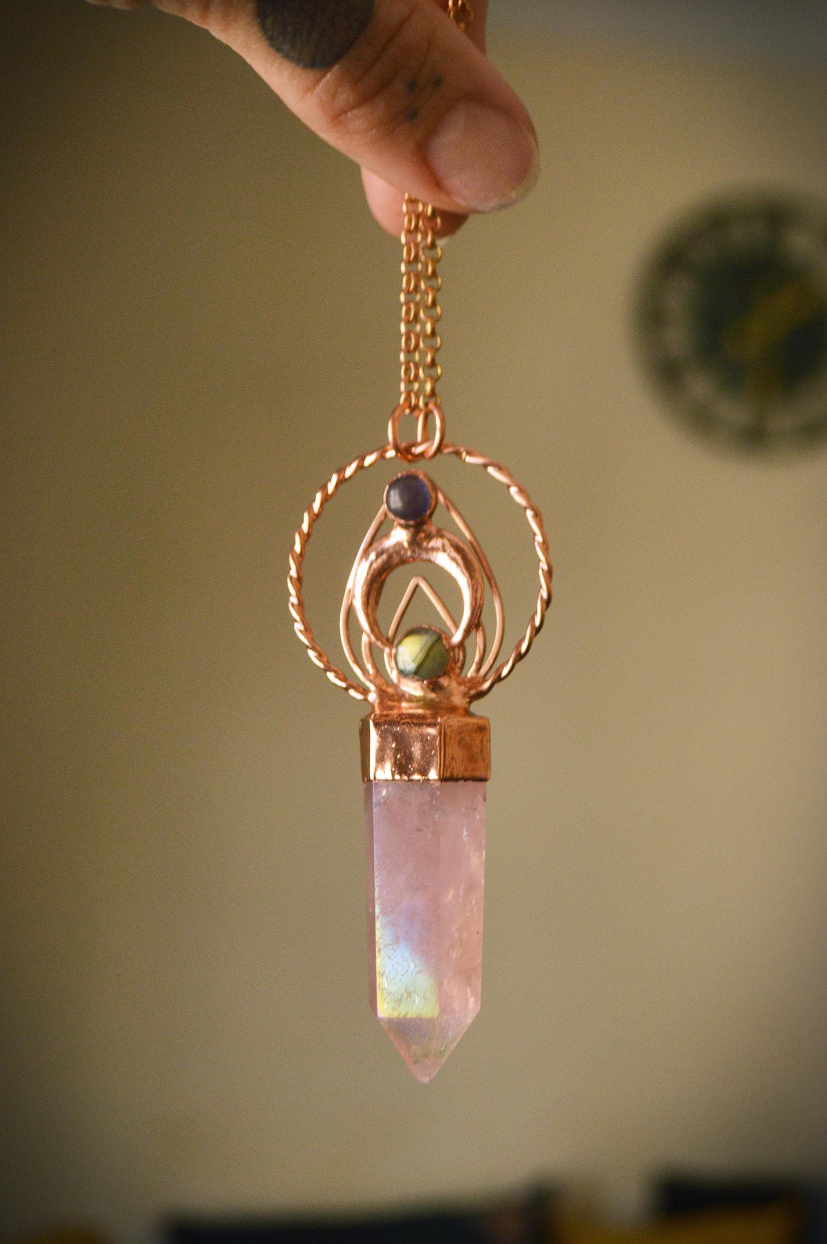 Slight seconds (discounted 30%) Aura rose quartz point with labradorite and amethyst, statement pendant