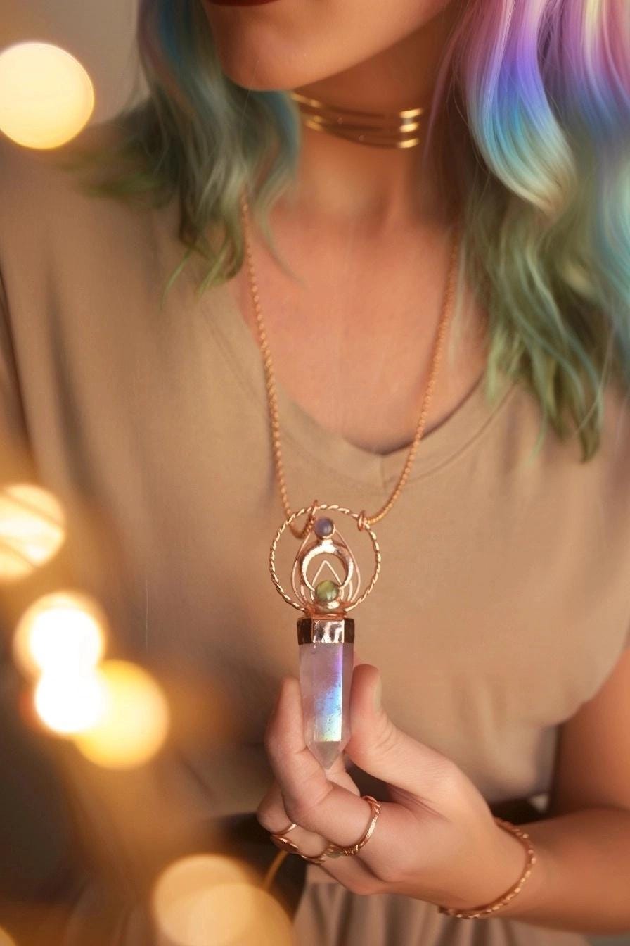 Slight seconds (discounted 30%) Aura rose quartz point with labradorite and amethyst, statement pendant