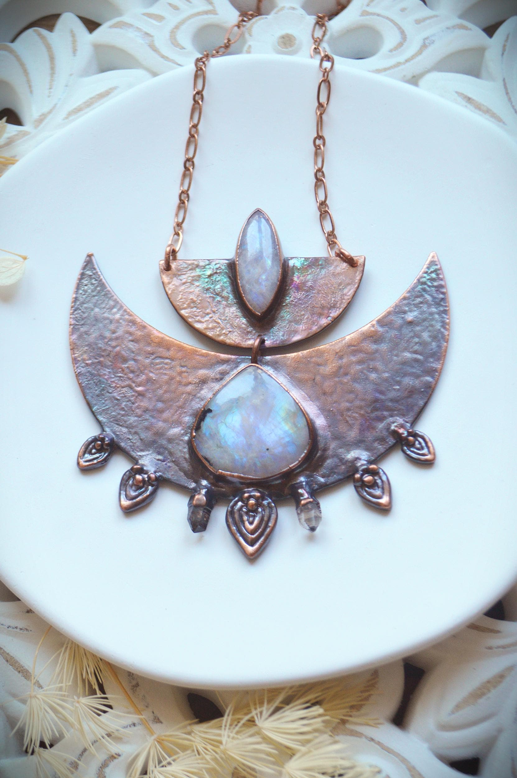 SOLSTICE collection - Statement tribal collar with quartz and rainbow moonstones