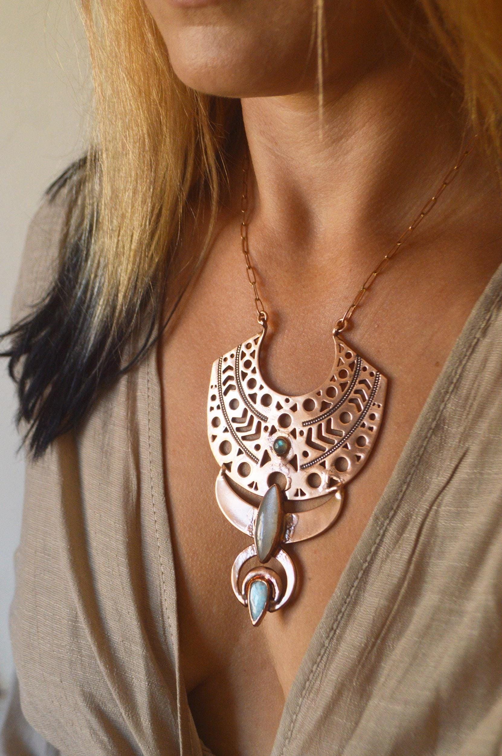 SOLSTICE collection - Statement tribal collar with labradorite, moonstone and larimar