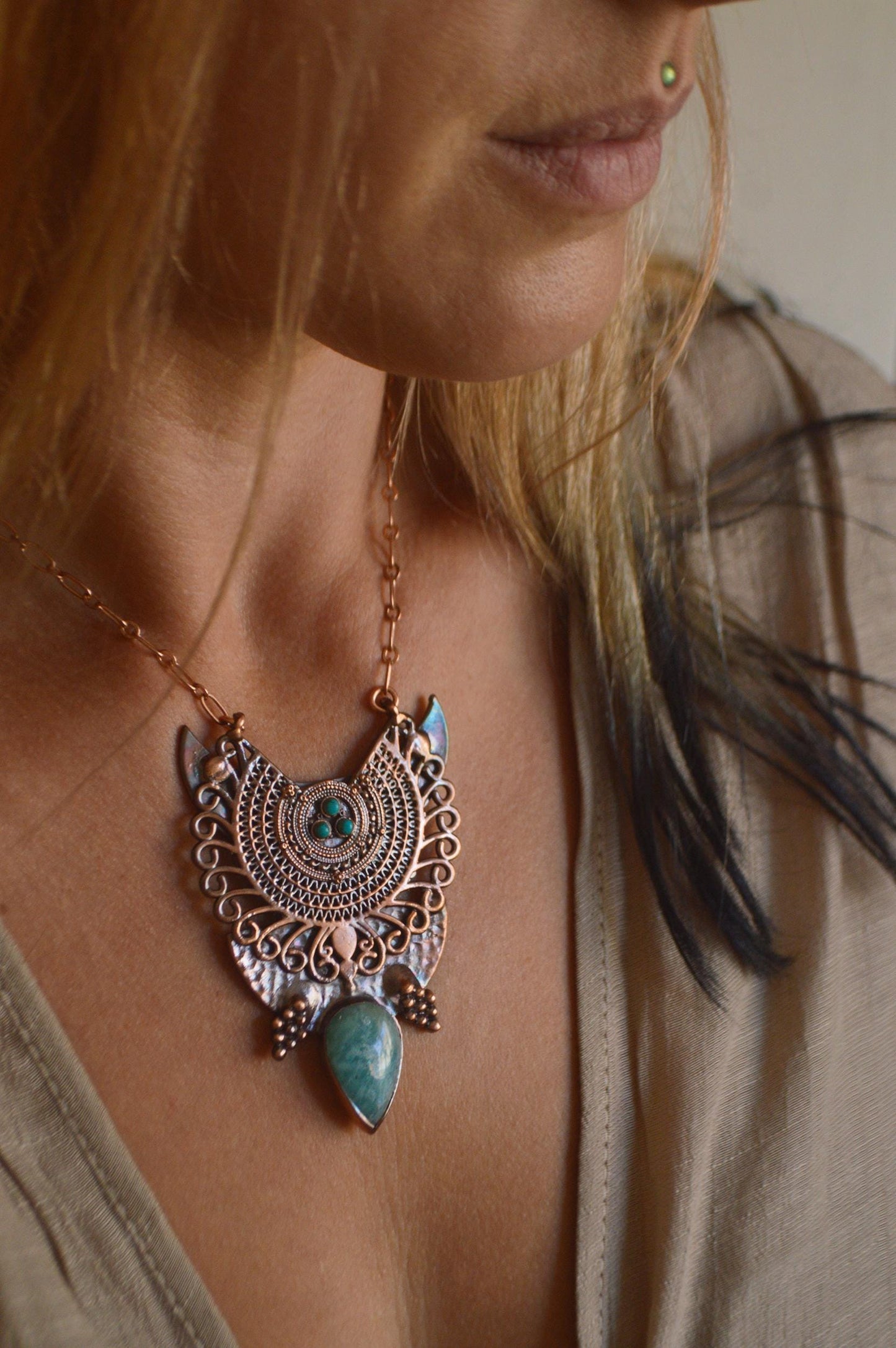 SOLSTICE collection - Ethnic statement pendant with amazonite and tourquoise