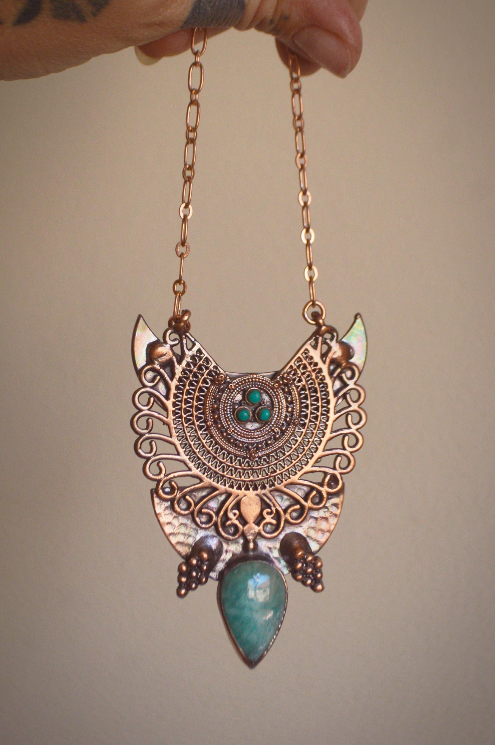 SOLSTICE collection - Ethnic statement pendant with amazonite and tourquoise
