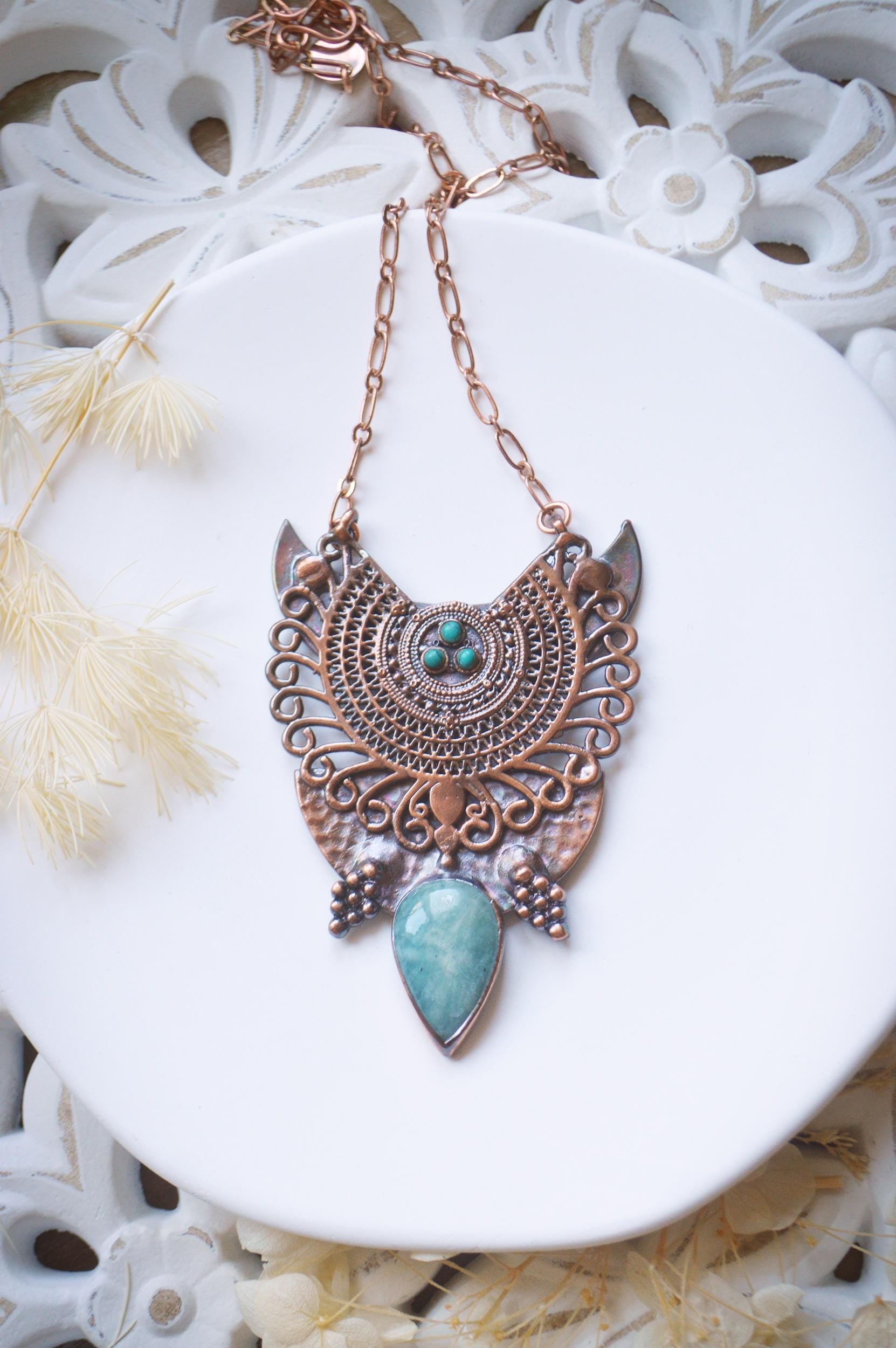 SOLSTICE collection - Ethnic statement pendant with amazonite and tourquoise