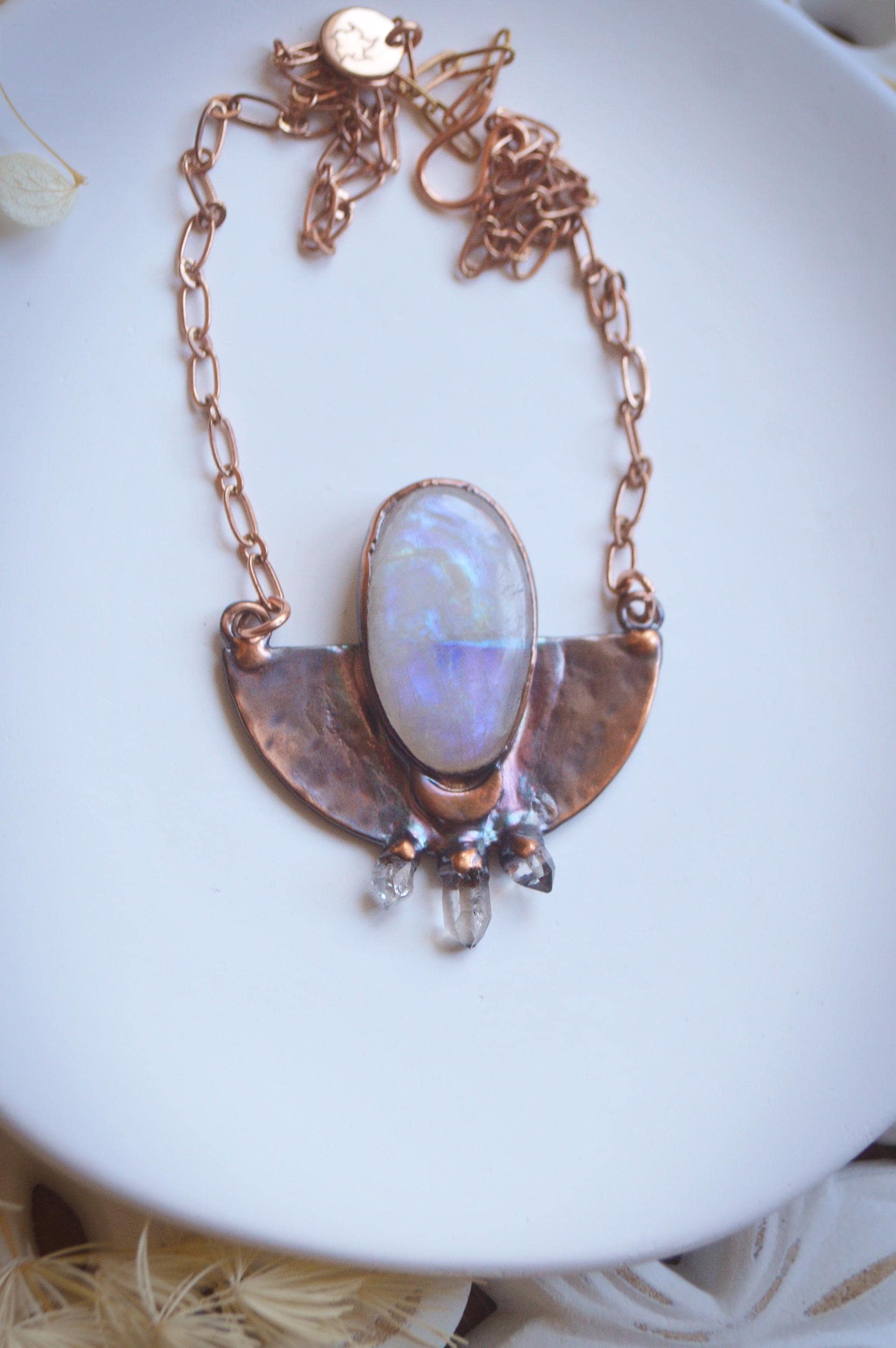 SOLSTICE collection - Rustic tribal hammered pendant with moonstone and quartz