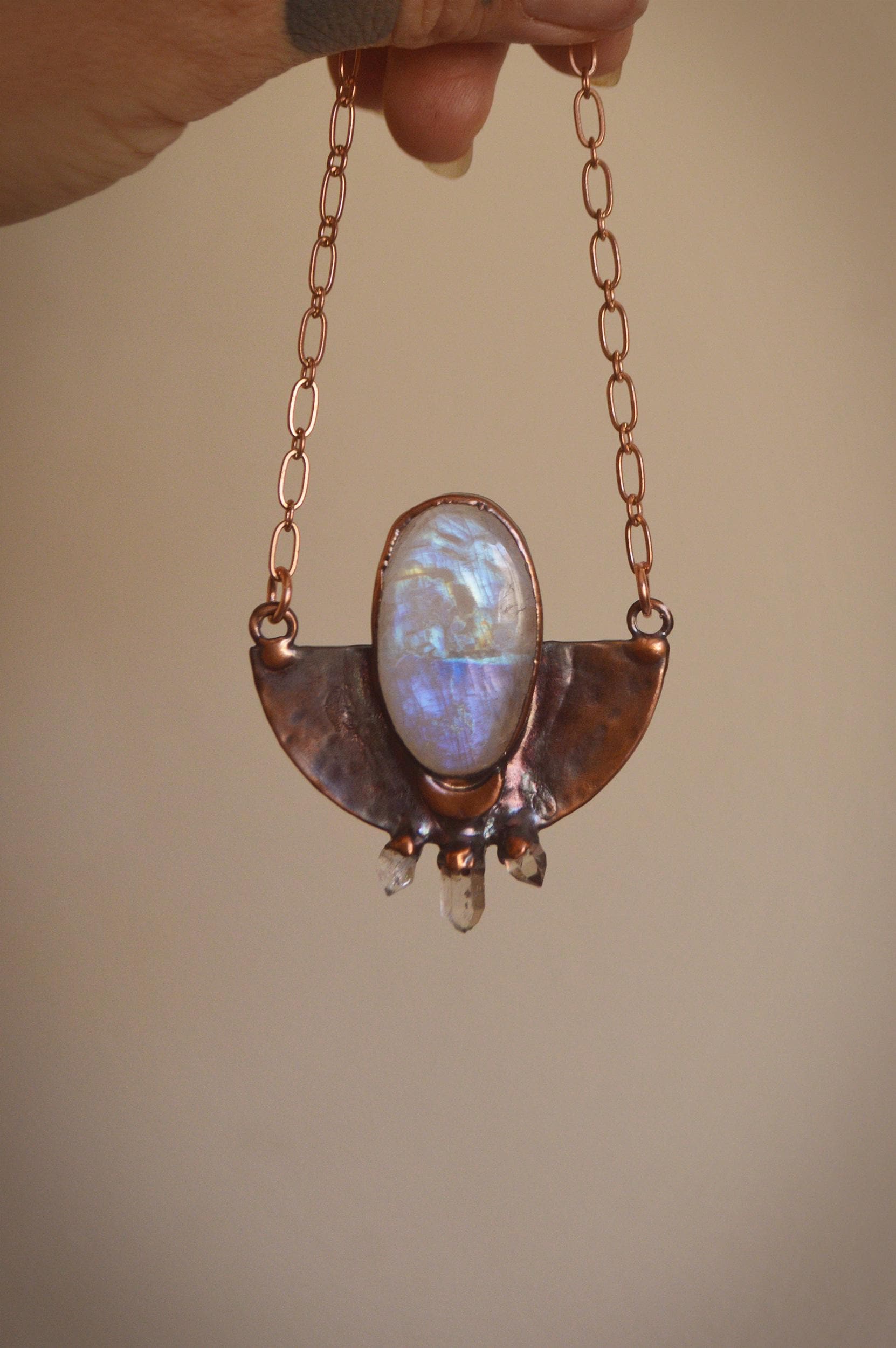 SOLSTICE collection - Rustic tribal hammered pendant with moonstone and quartz