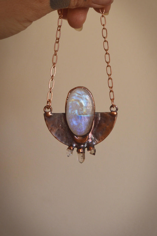 SOLSTICE collection - Rustic tribal hammered pendant with moonstone and quartz