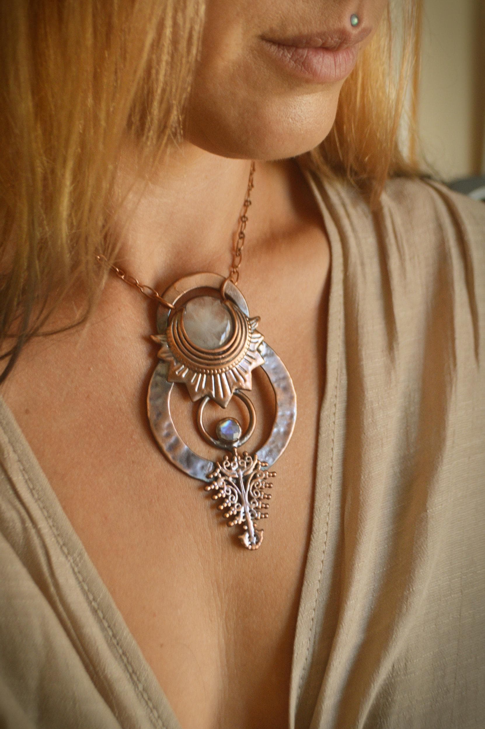 SOLSTICE collection - Rustic tribal hammered pendant with moonstone and quartz