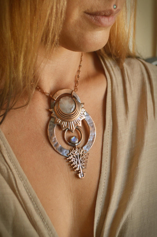 SOLSTICE collection - Rustic tribal hammered pendant with moonstone and quartz