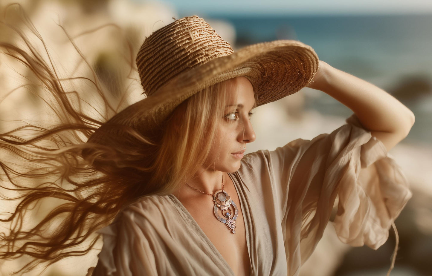 SOLSTICE collection - Rustic tribal hammered pendant with moonstone and quartz