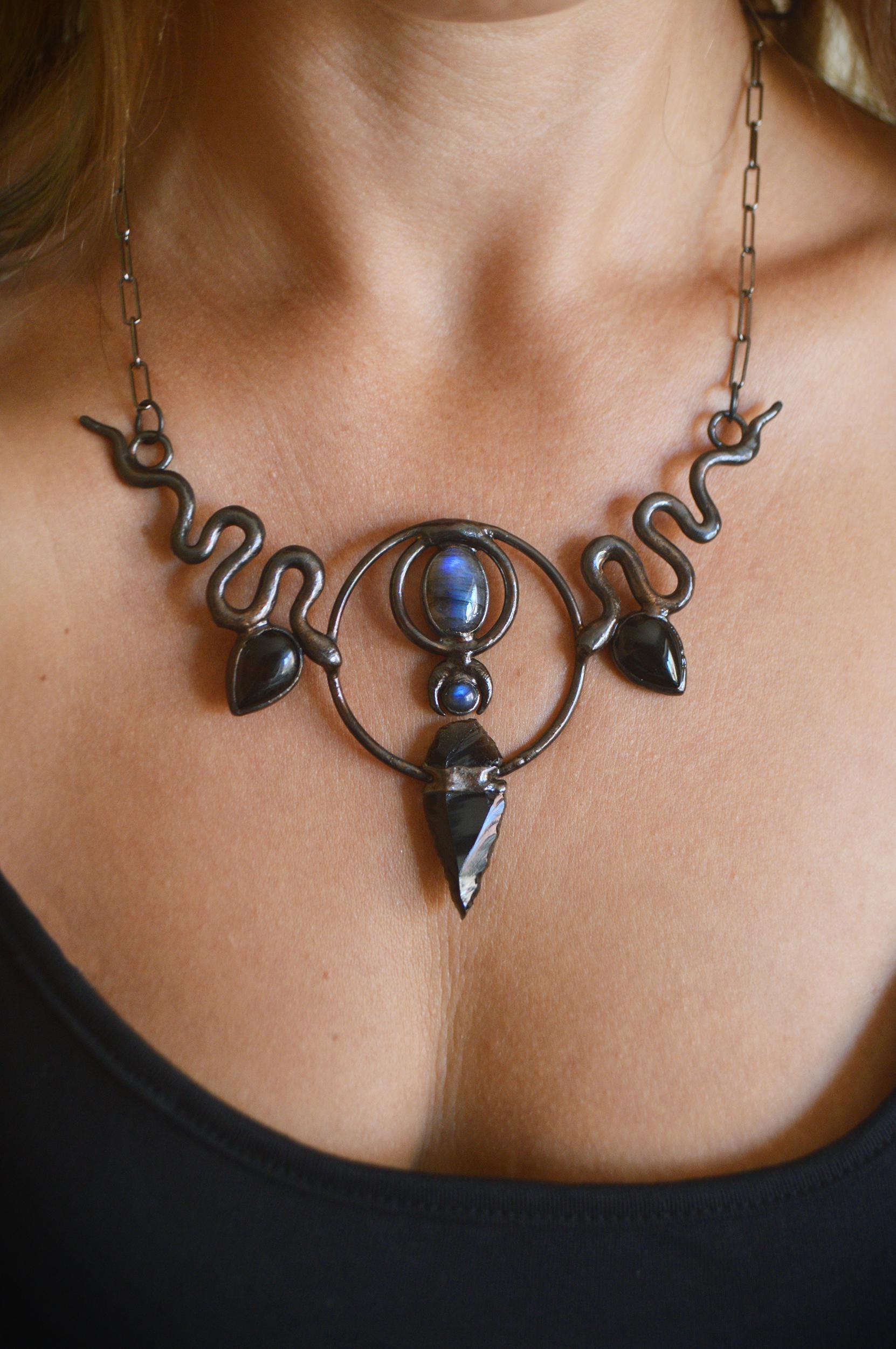 Black statement collar. Blue labradorite and black onyx. Witchy amulet necklace