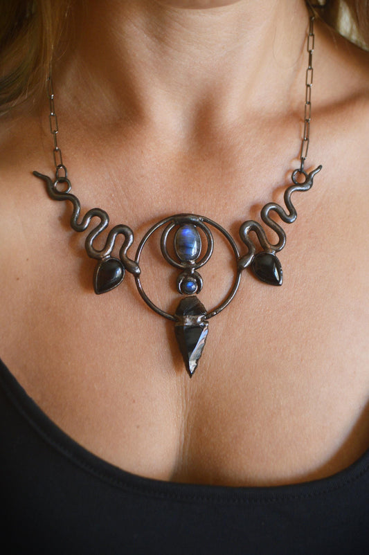 Black statement collar. Blue labradorite and black onyx. Witchy amulet necklace