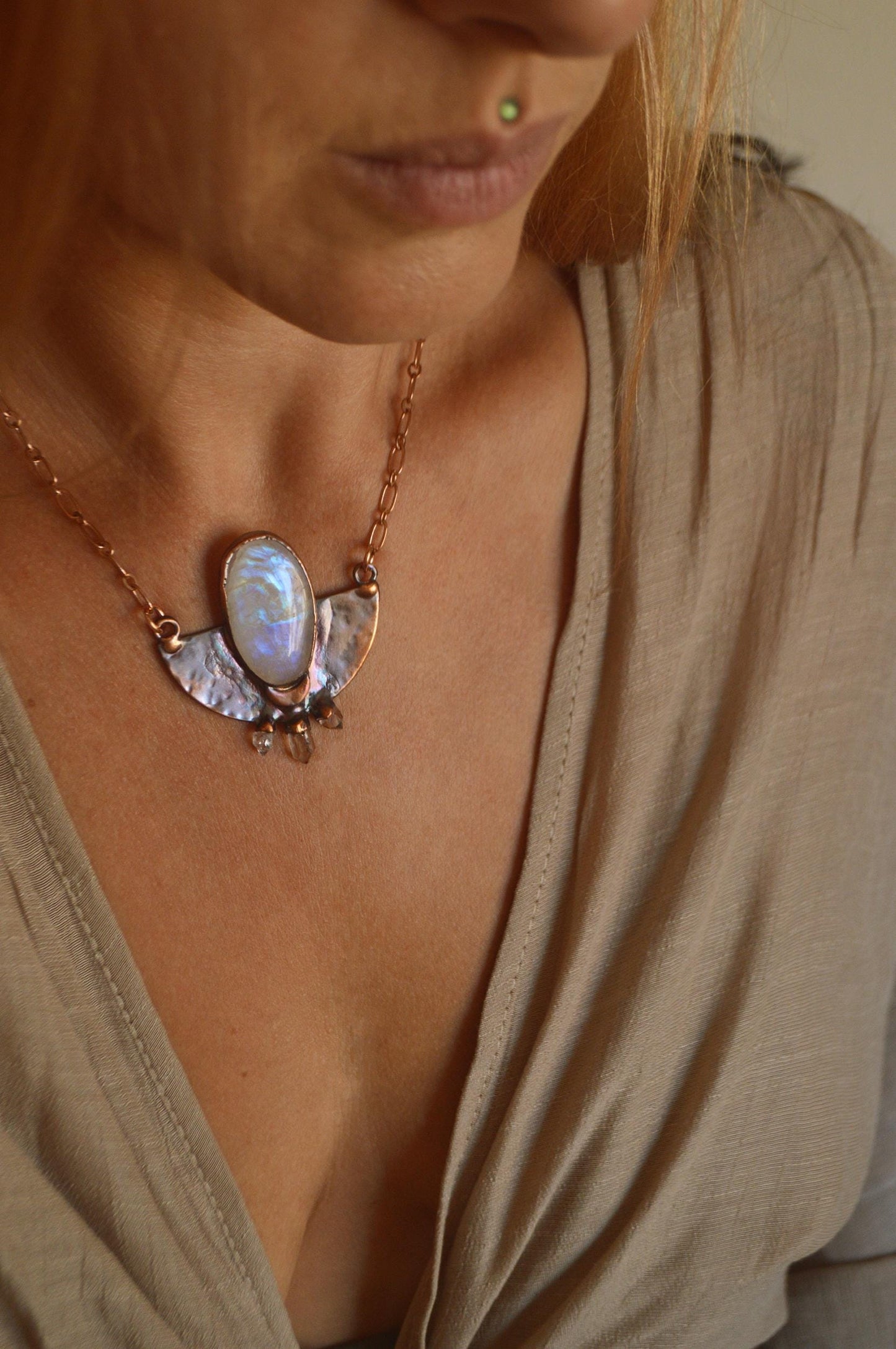 SOLSTICE collection - Rustic tribal hammered pendant with moonstone and quartz