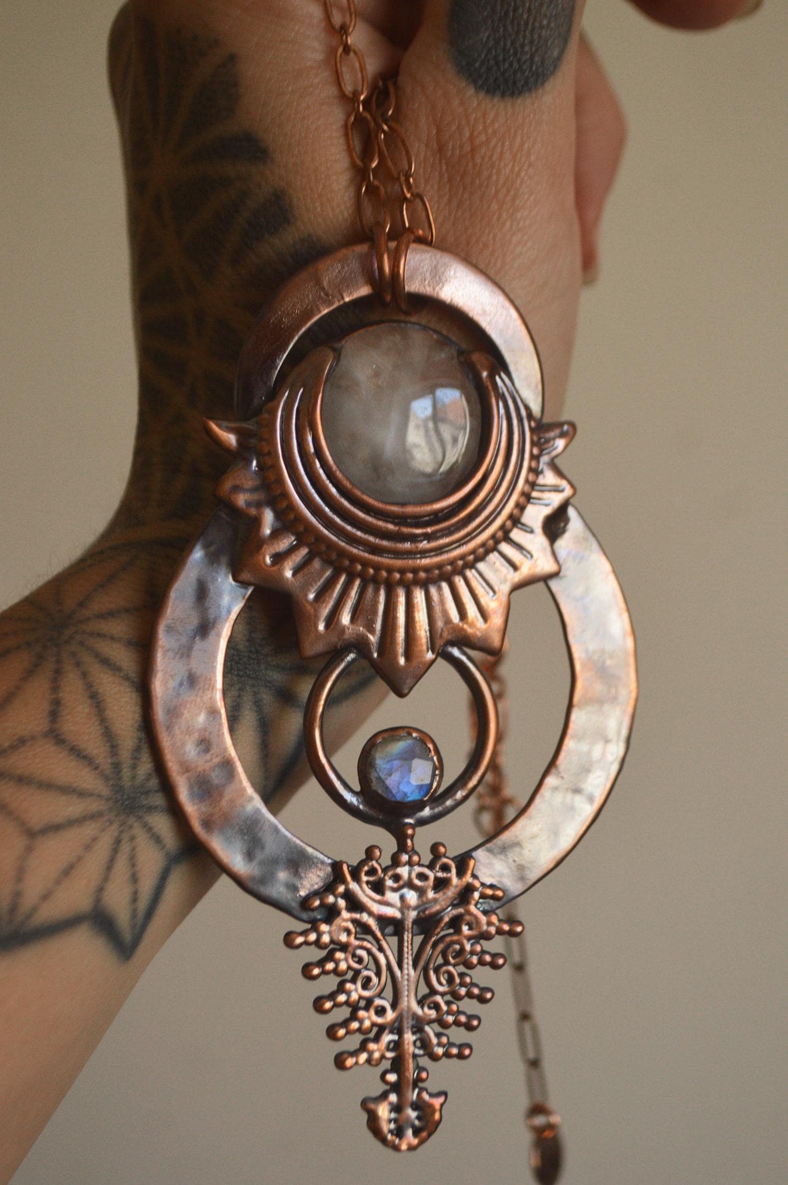 SOLSTICE collection - Rustic tribal hammered pendant with moonstone and quartz