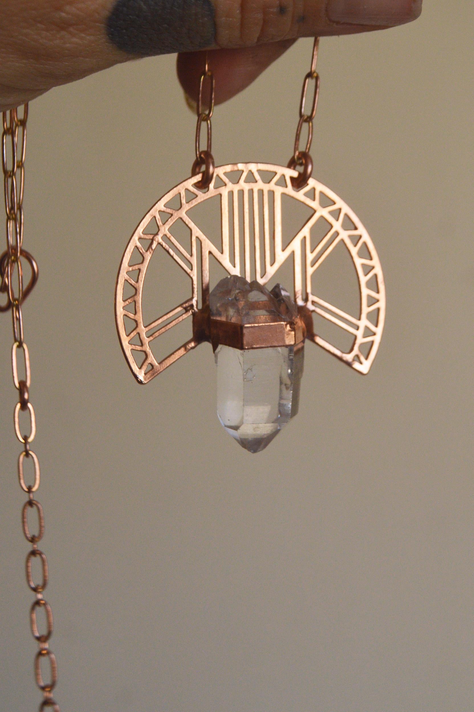 SOLSTICE collection - Geometric pendant with raw double terminated quartz