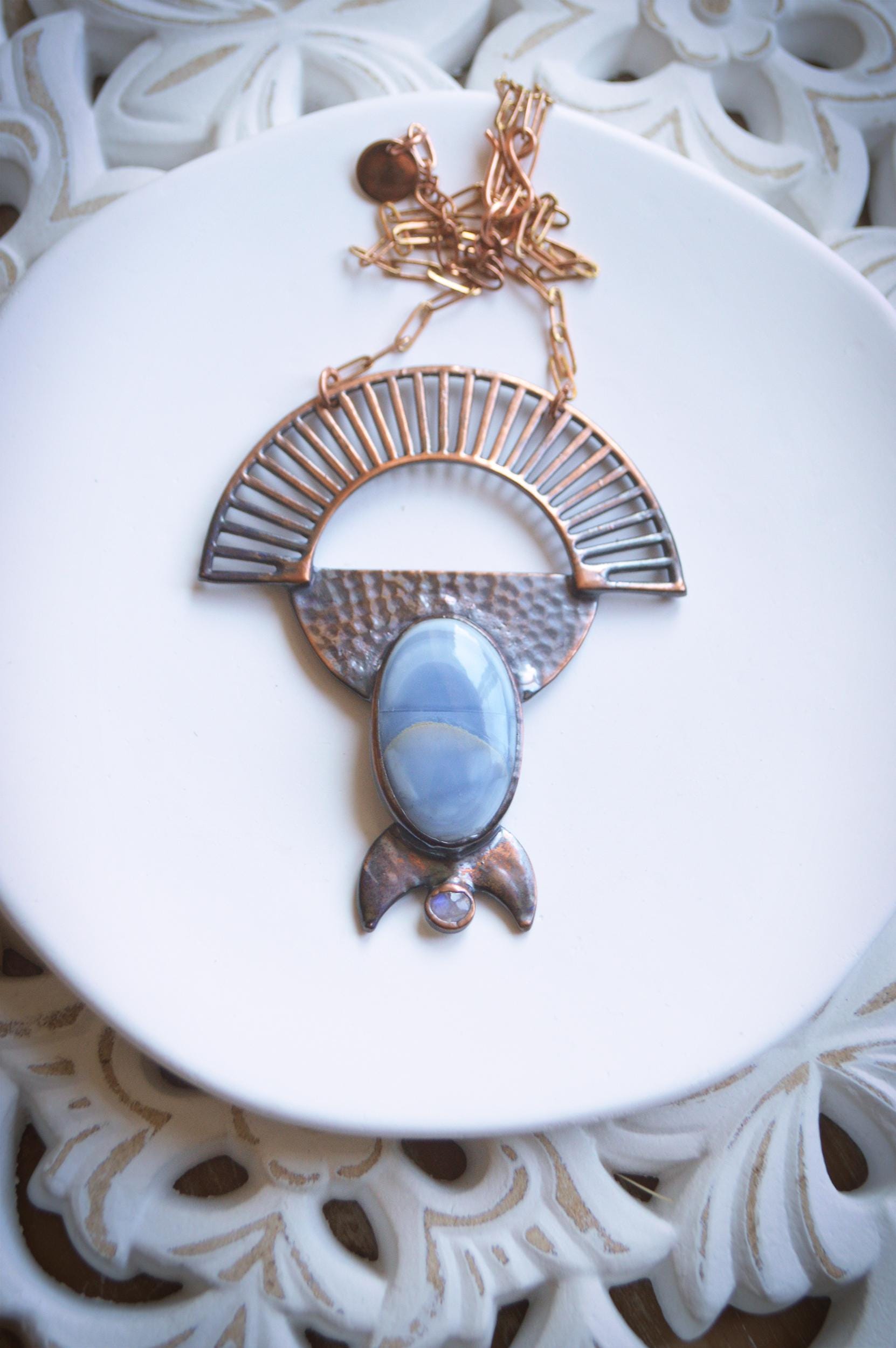SOLSTICE collection - Rustic tribal hammered pendant with blue opal and rainbow moonstone