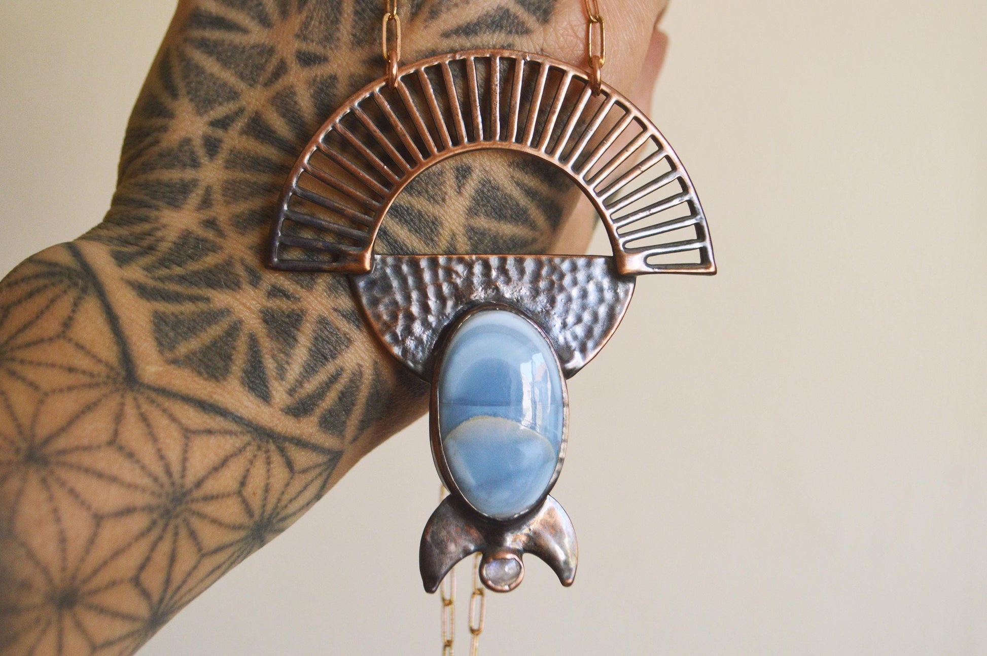SOLSTICE collection - Rustic tribal hammered pendant with blue opal and rainbow moonstone