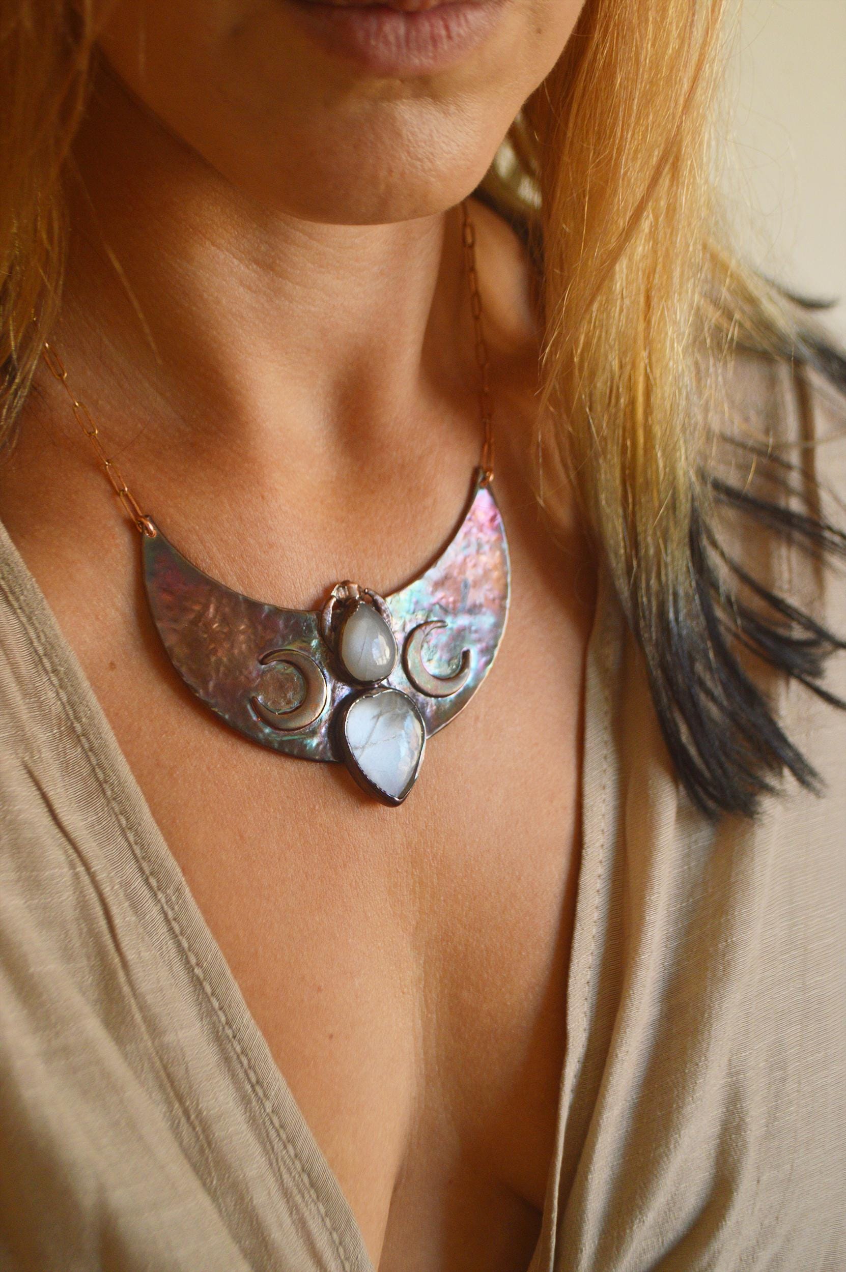SOLSTICE collection - Statement tribal collar with grey moonstones and herkimer diamond