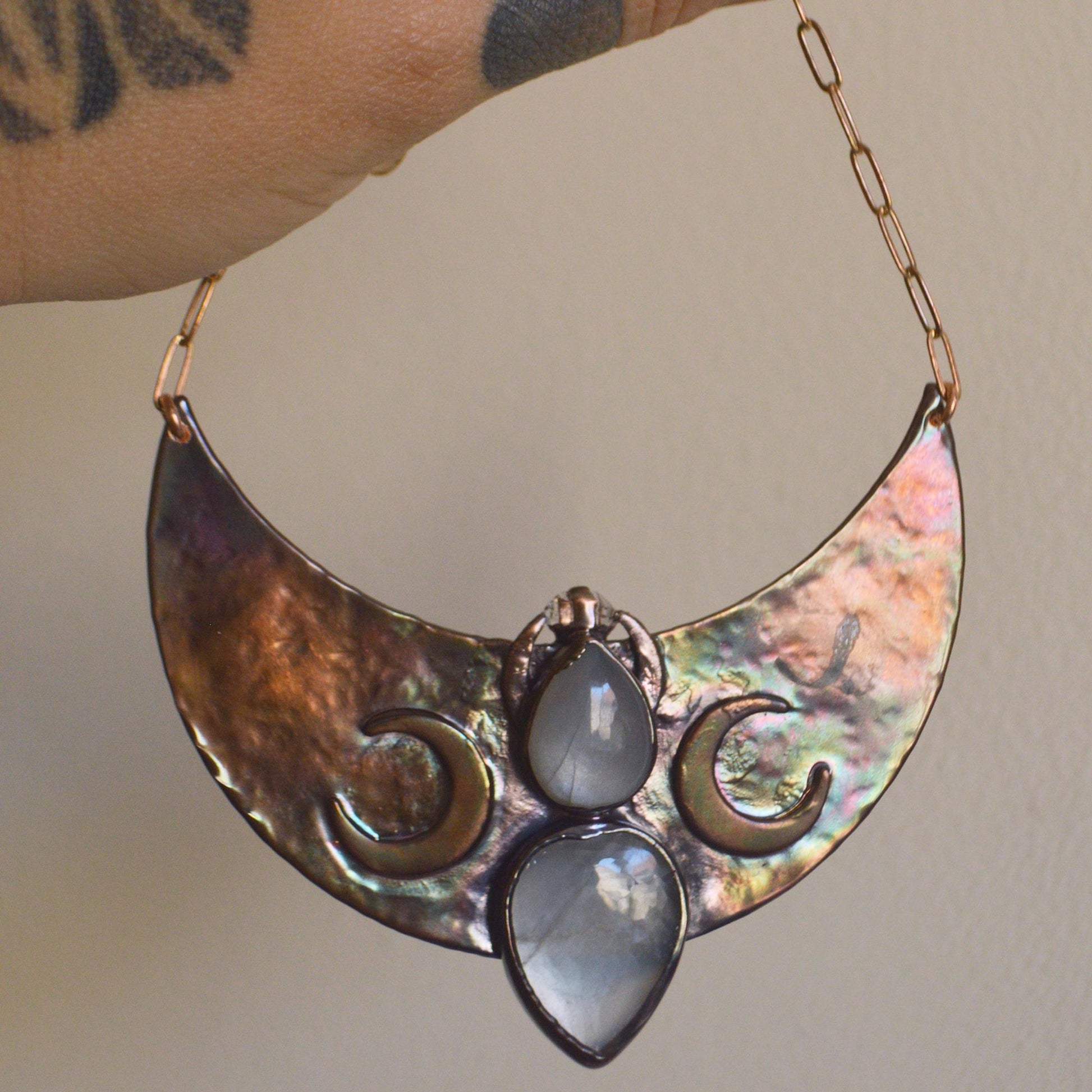 SOLSTICE collection - Statement tribal collar with grey moonstones and herkimer diamond