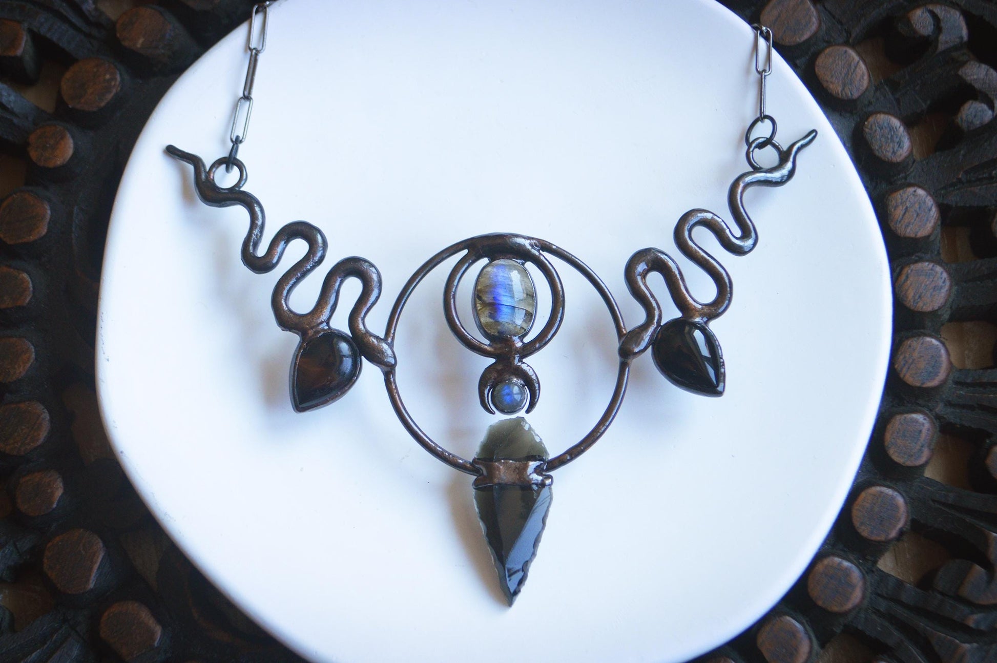 Black statement collar. Blue labradorite and black onyx. Witchy amulet necklace