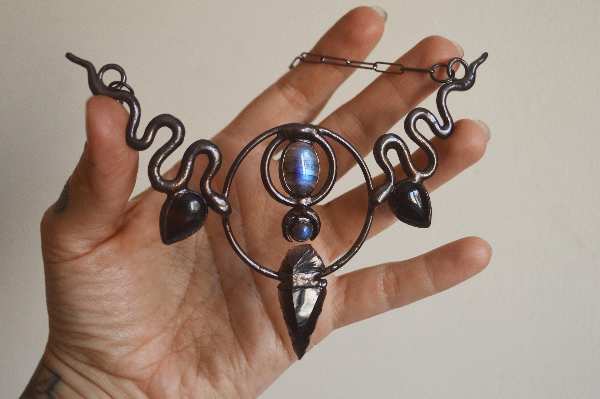 Black statement collar. Blue labradorite and black onyx. Witchy amulet necklace