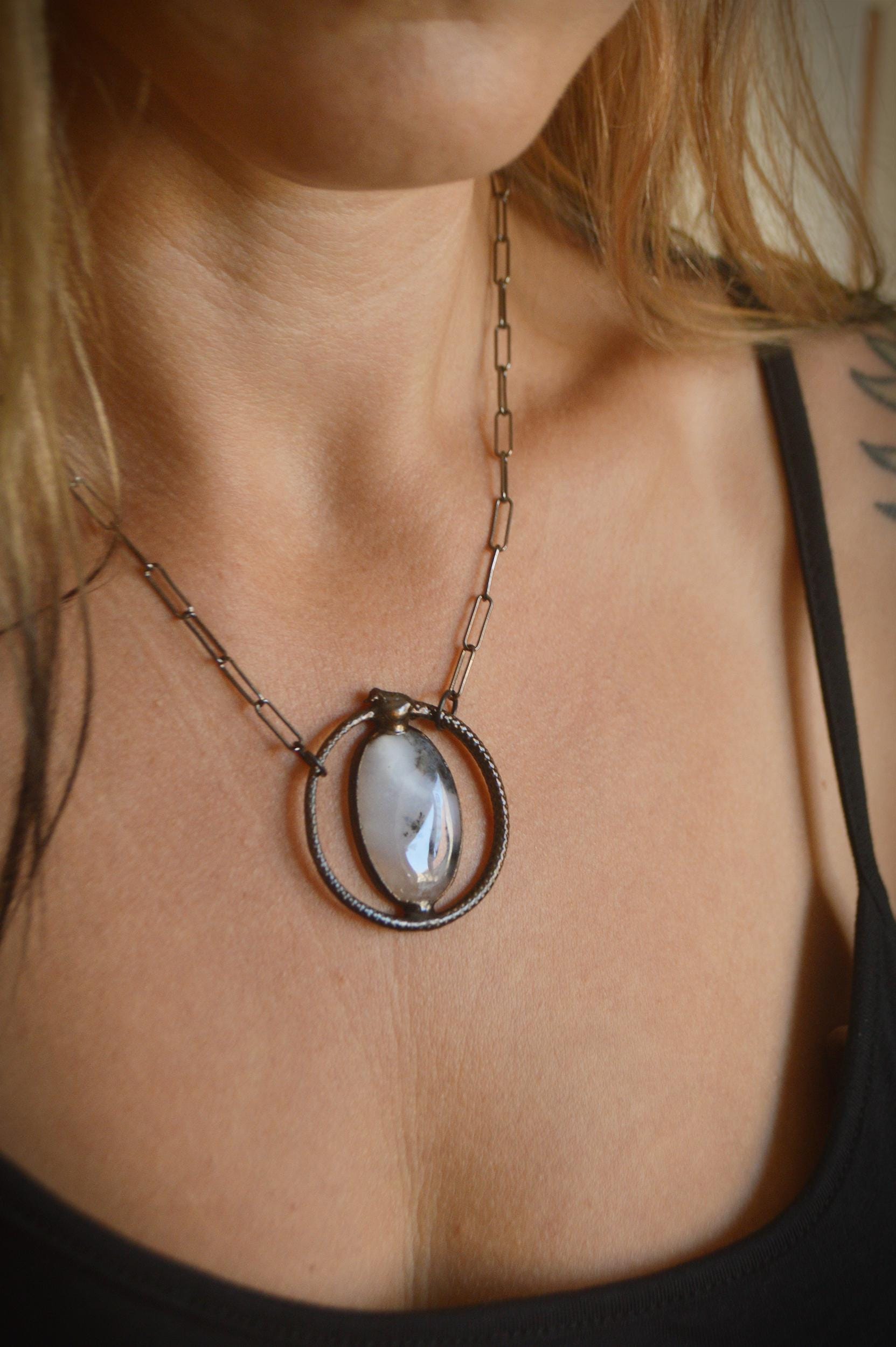 Unique piece. Black Ouroboros rainbow moonstone pendant. Witchy amulet necklace