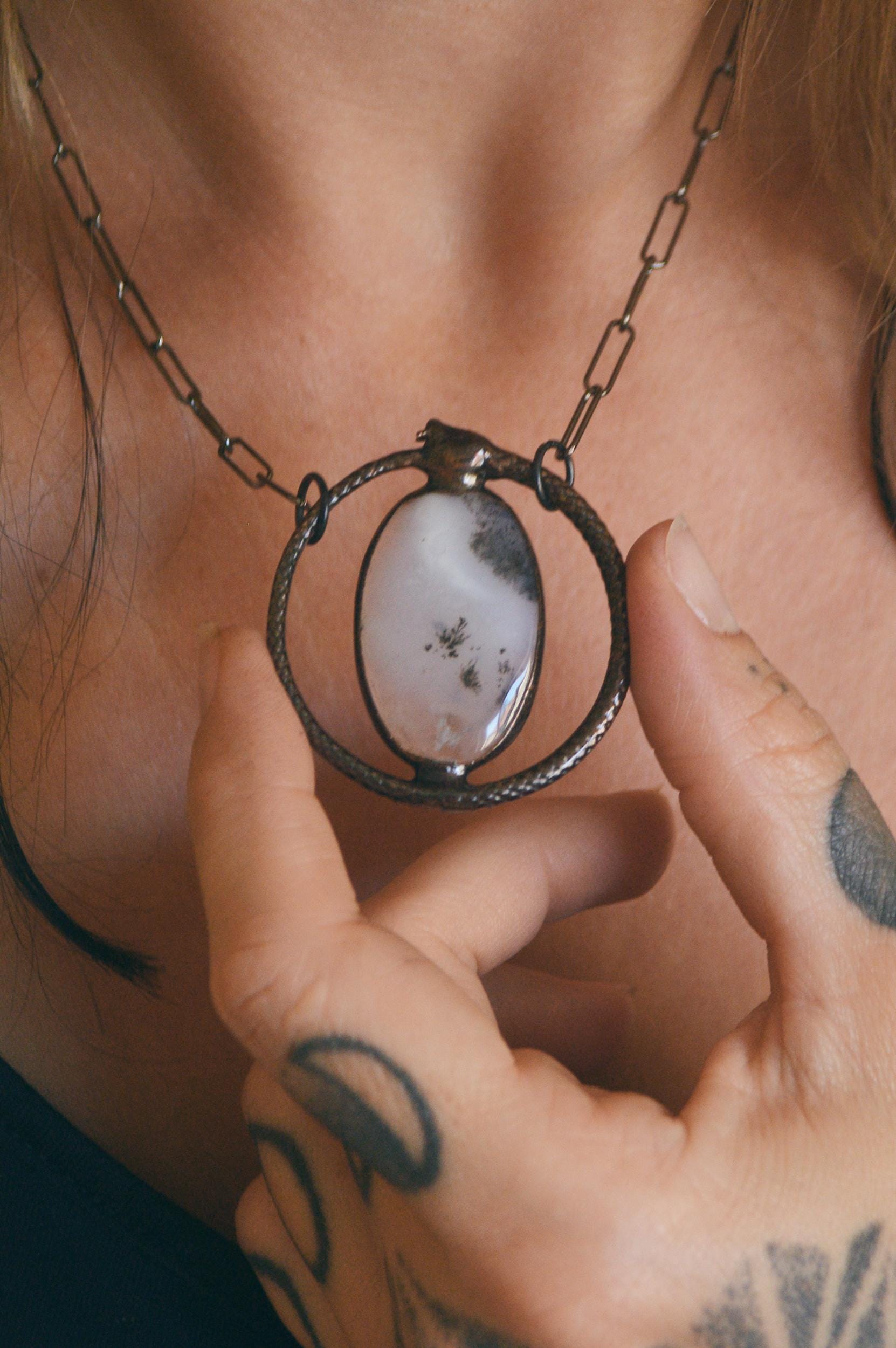 Unique piece. Black Ouroboros rainbow moonstone pendant. Witchy amulet necklace